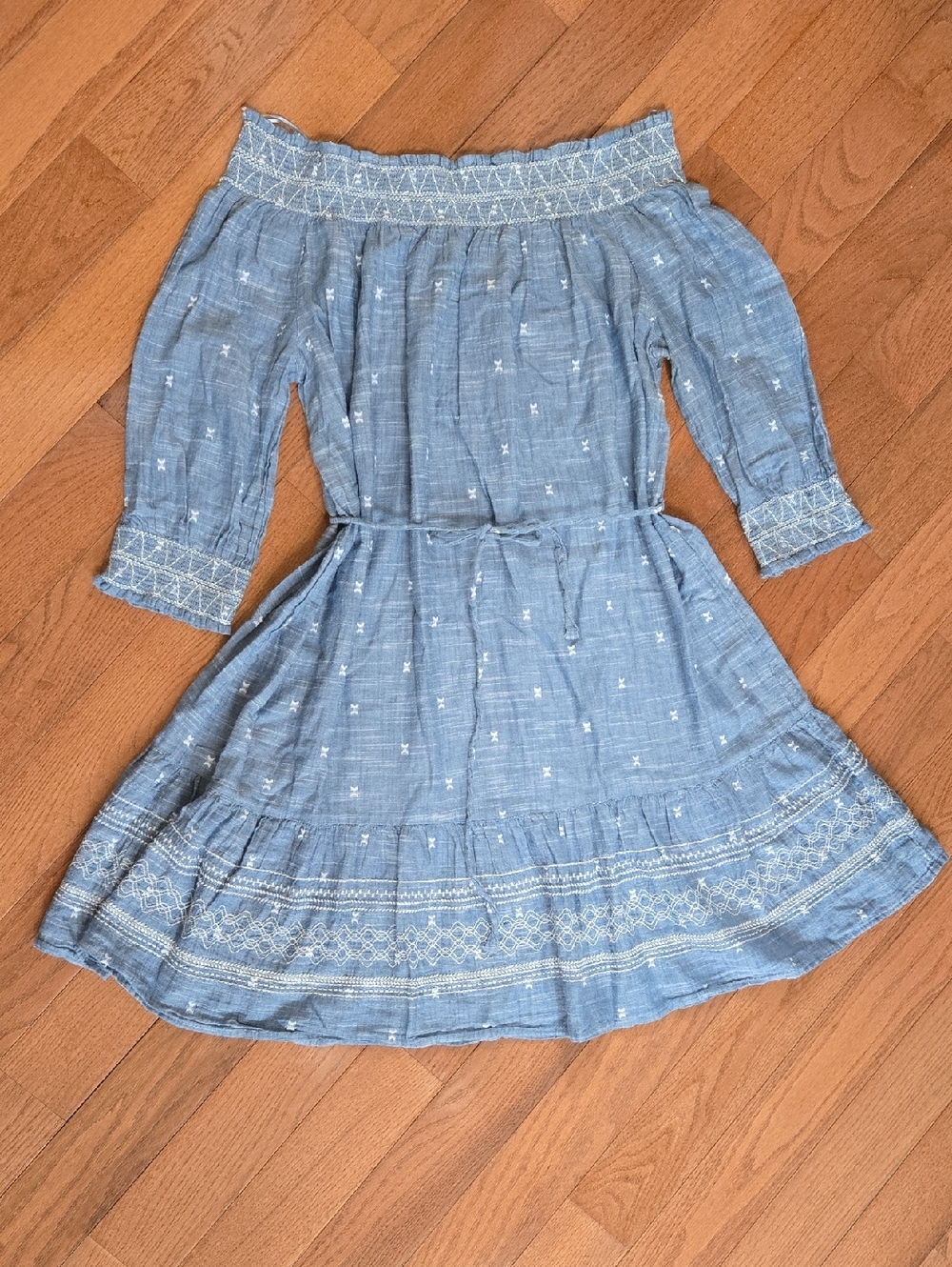 Womens Blue Off-Shoulder Embroidered Cotton Dress
